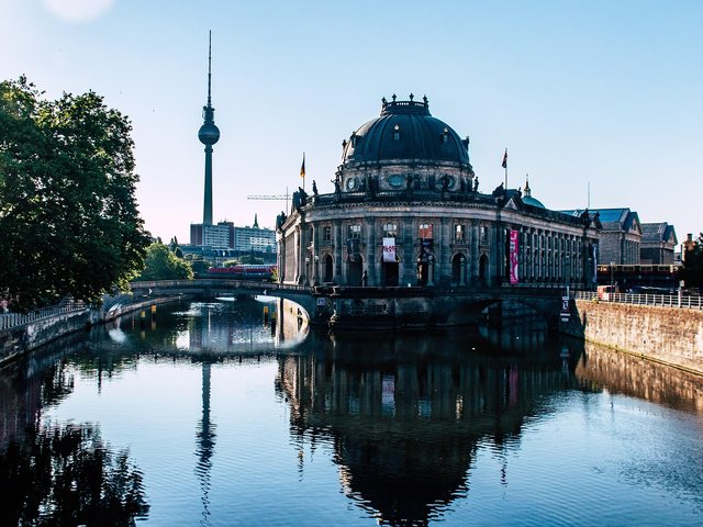 View across the Spree towards the Bode Museum and the Berlin TV Tower